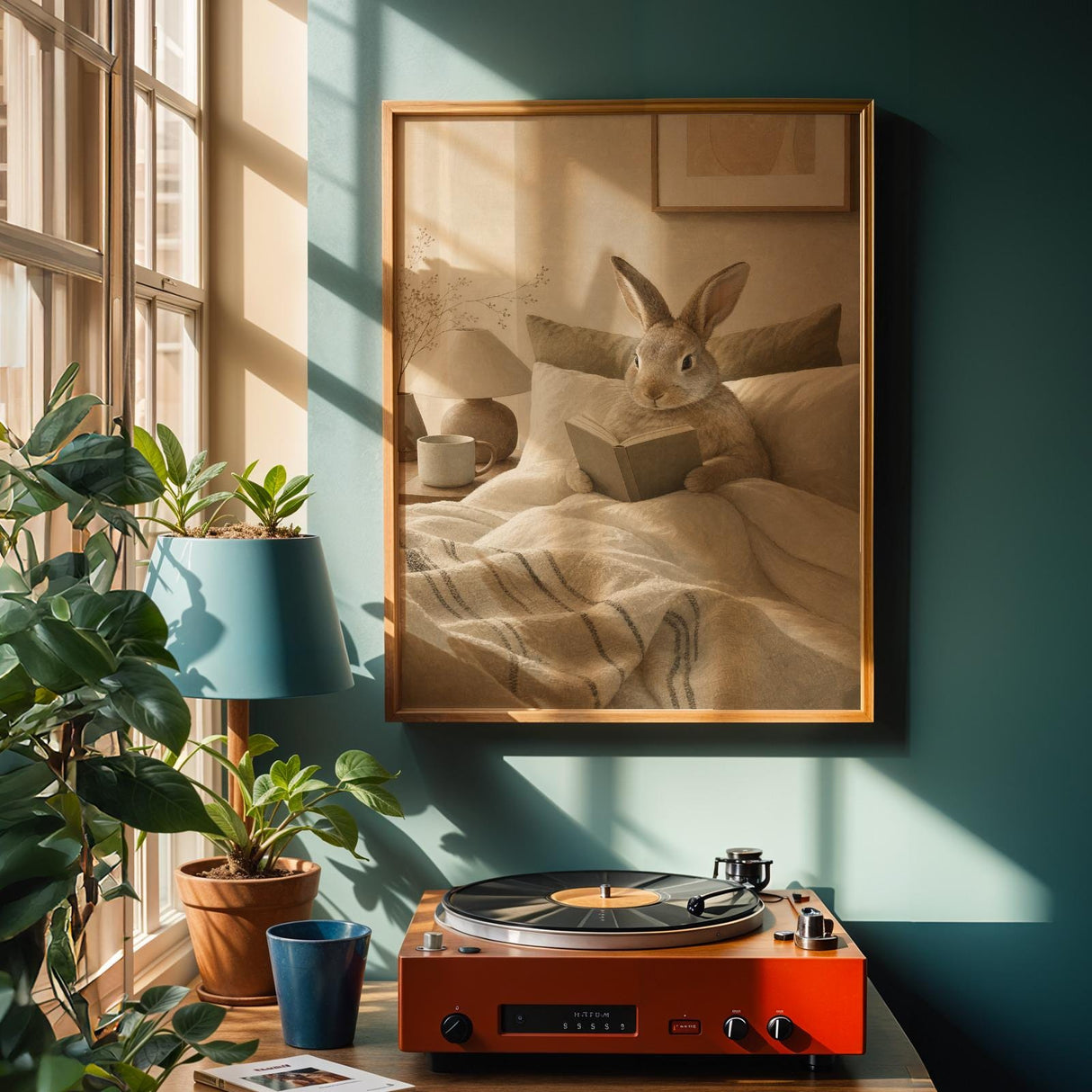 Alternate product view of Californian Rabbit Reading in Bed Poster.