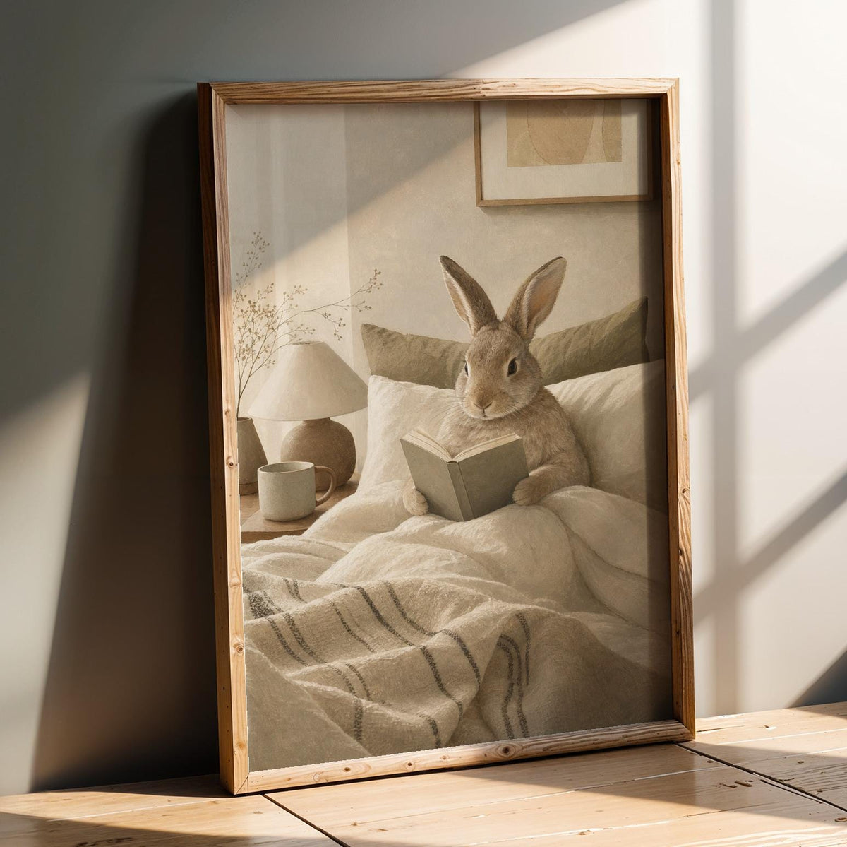 Product presentation view of Californian Rabbit Reading in Bed Poster.