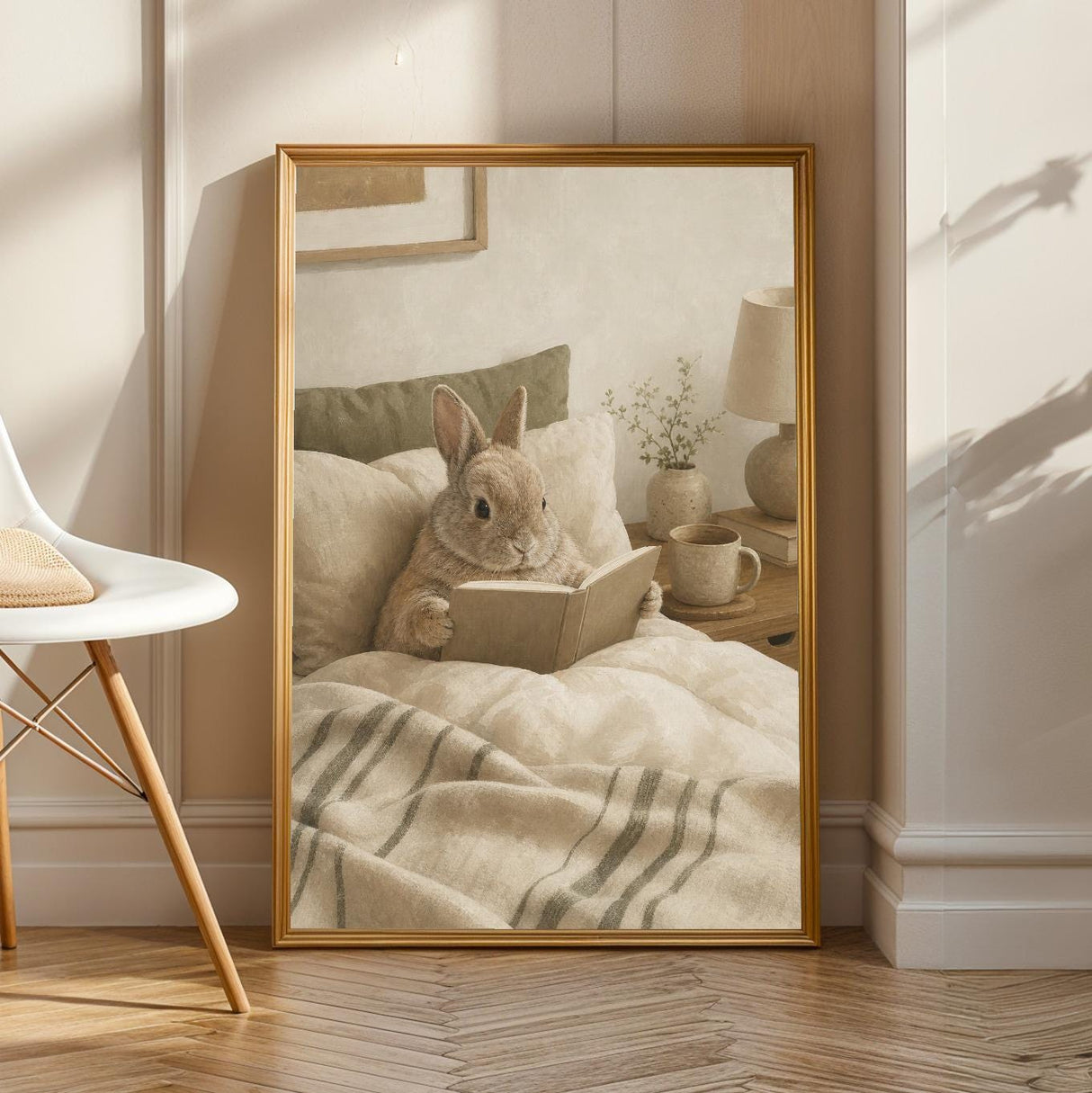 Product view of Netherland Dwarf Rabbit Reading in Bed Poster.