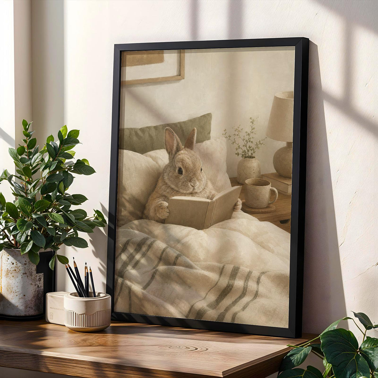 Product gallery view of Netherland Dwarf Rabbit Reading in Bed Poster.