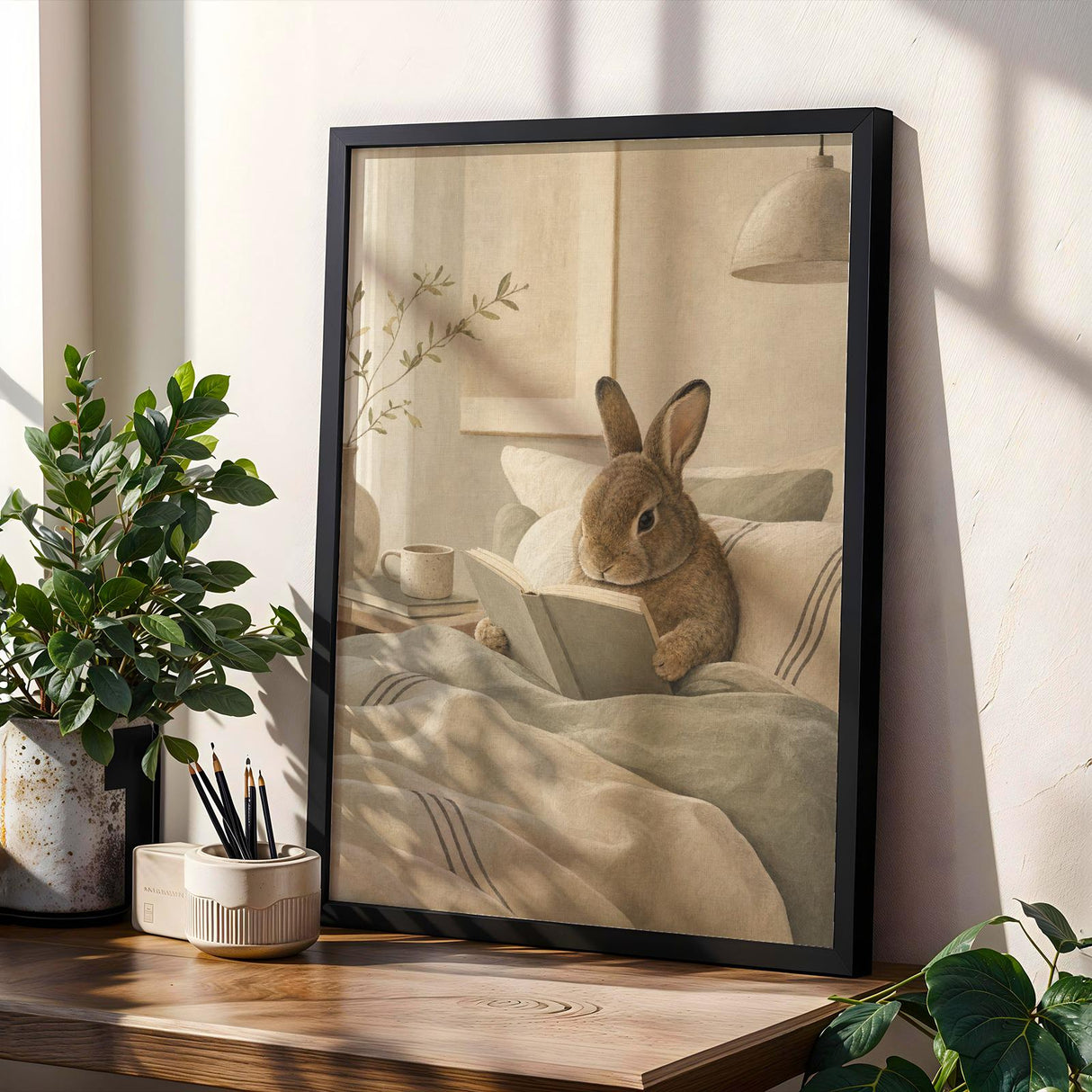 Product gallery view of Mini Rex Rabbit Reading in Bed Poster.