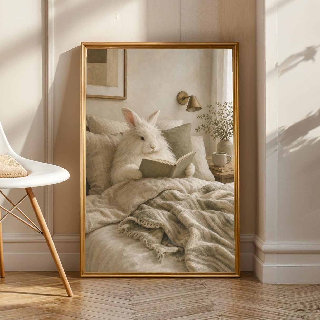 Product view of Angora Rabbit Reading in Bed Poster.