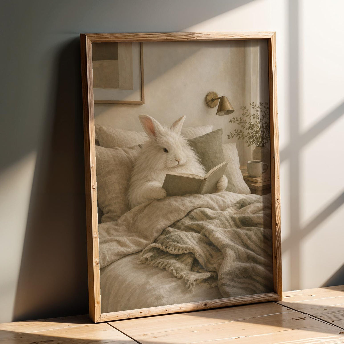 Product presentation view of Angora Rabbit Reading in Bed Poster.