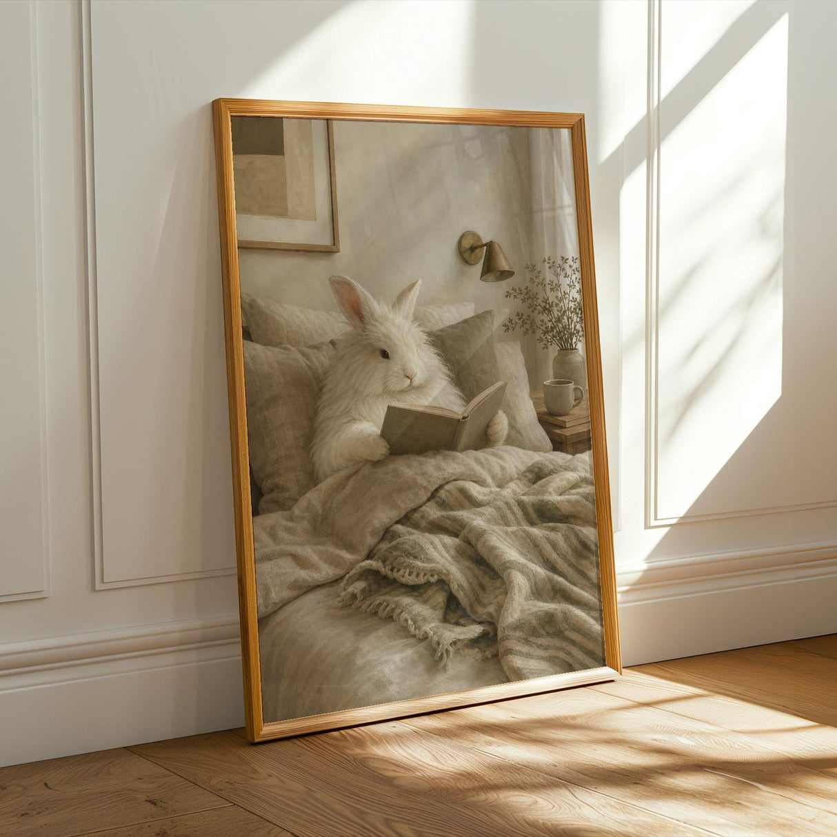 Alternate product presentation of Angora Rabbit Reading in Bed Poster.