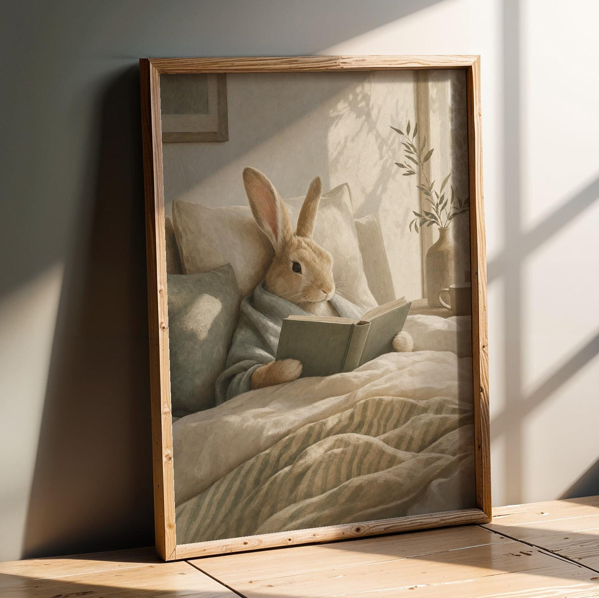 Product presentation view of Satin Rabbit Reading in Bed Poster.