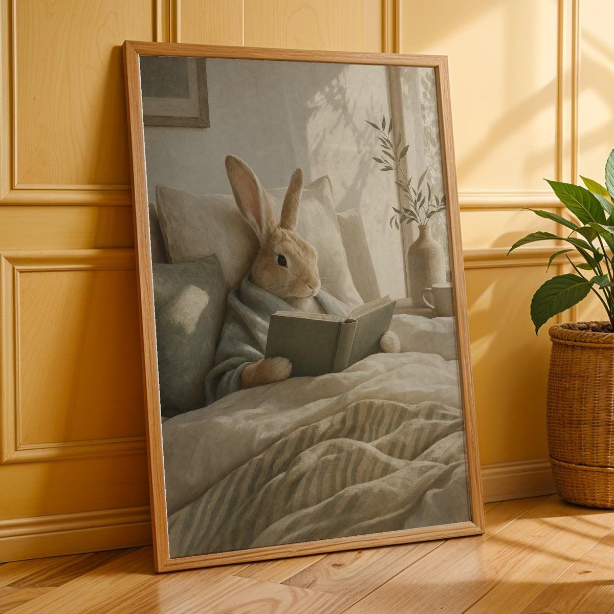 Additional product presentation of Satin Rabbit Reading in Bed Poster.