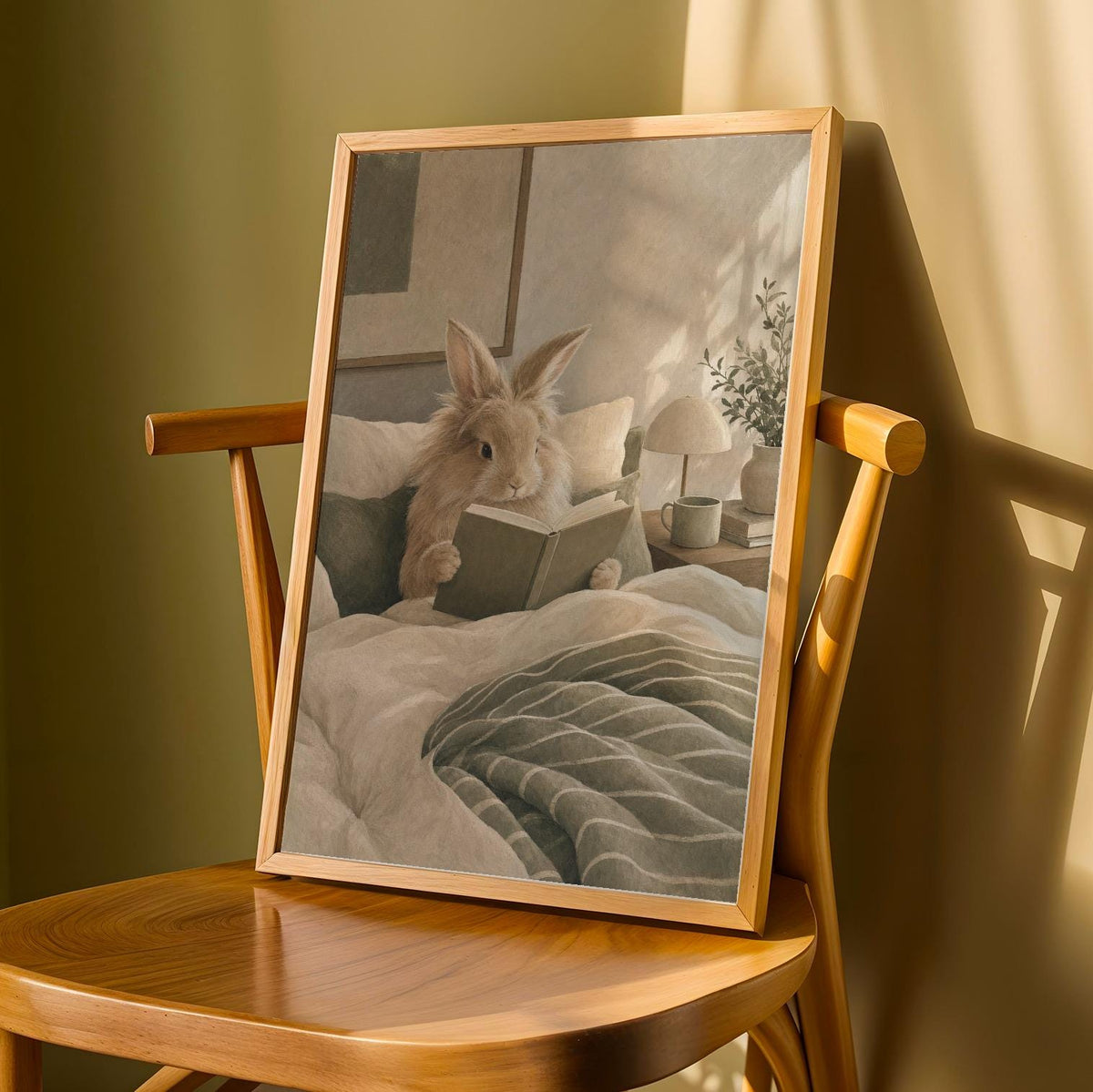Product detail view of Lionhead Rabbit Reading in Bed Poster.