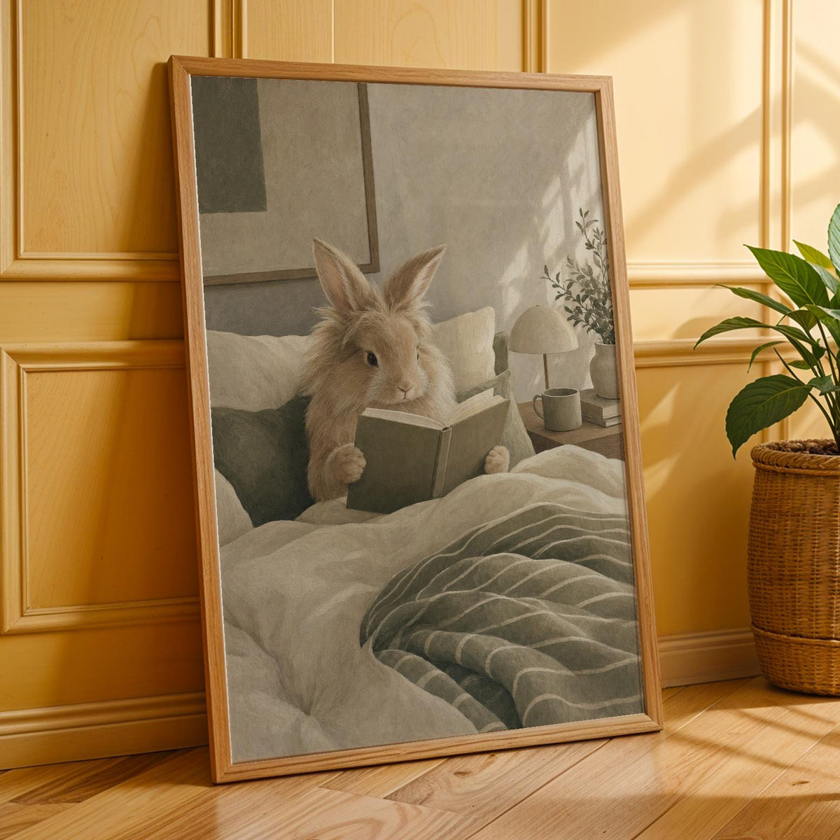 Additional product presentation of Lionhead Rabbit Reading in Bed Poster.