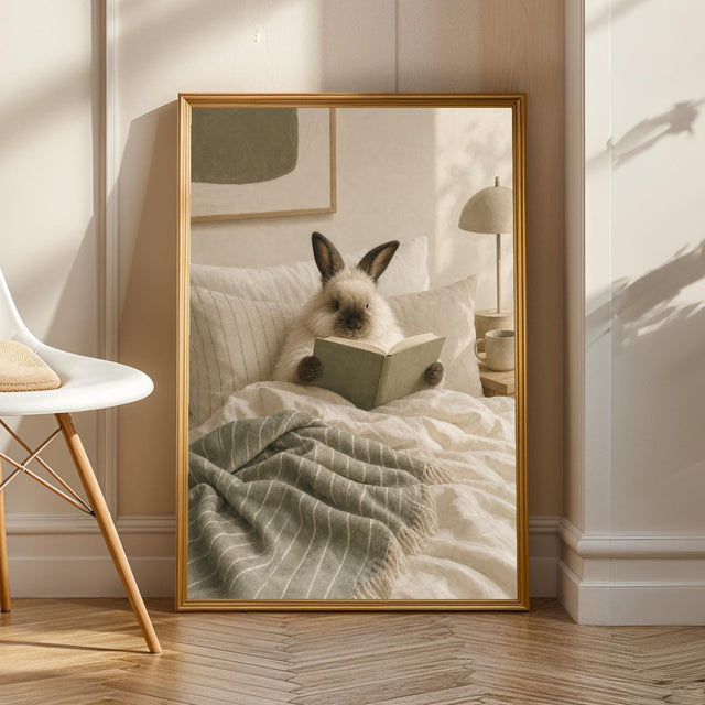 Product view of Himalayan Rabbit Reading in Bed Poster.