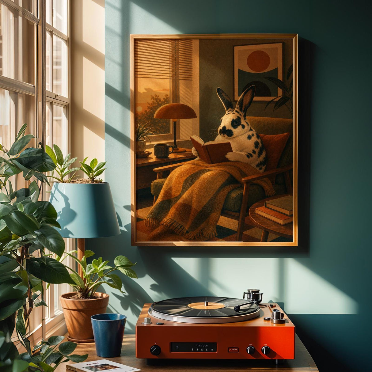 Product view of Harlequin Rabbit Reading in Armchair Poster.