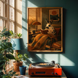 Product view of Harlequin Rabbit Reading in Armchair Poster.