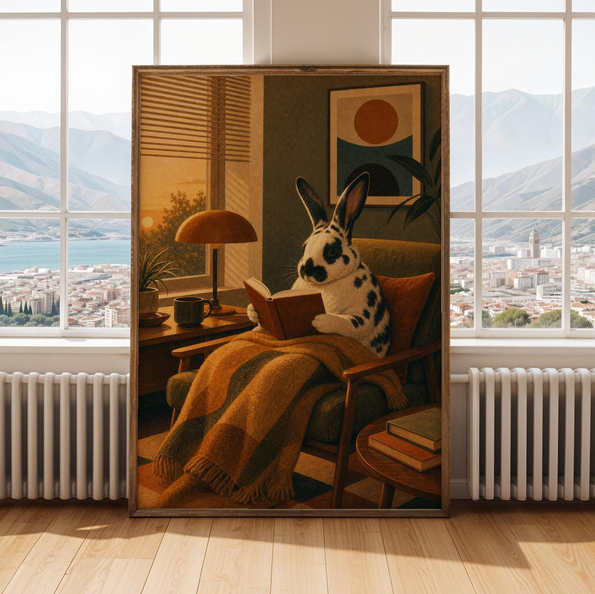 Product gallery view of Harlequin Rabbit Reading in Armchair Poster.