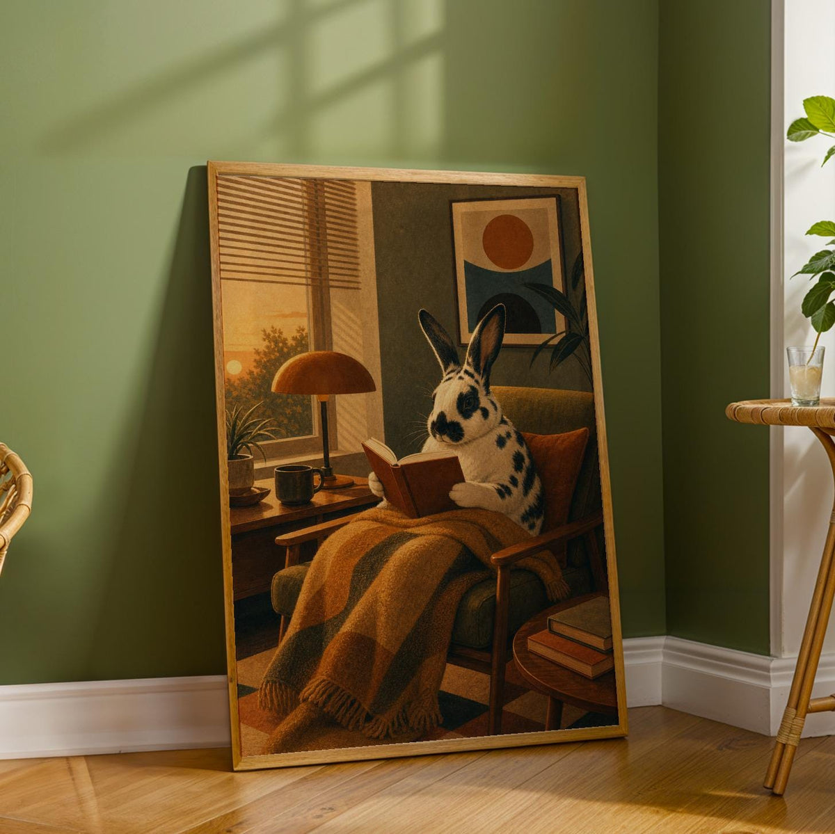 Product detail view of Harlequin Rabbit Reading in Armchair Poster.