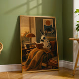 Product detail view of Harlequin Rabbit Reading in Armchair Poster.