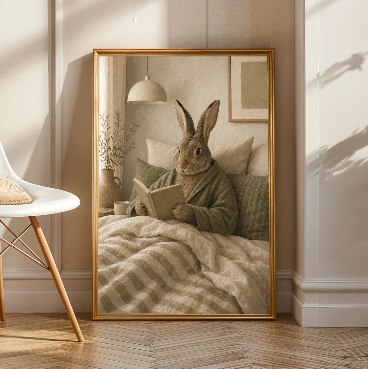 Product view of Flemish Rabbit Reading in Bed Poster.