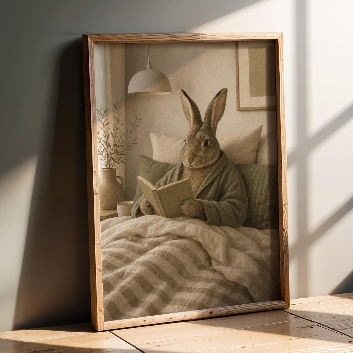 Product presentation view of Flemish Rabbit Reading in Bed Poster.