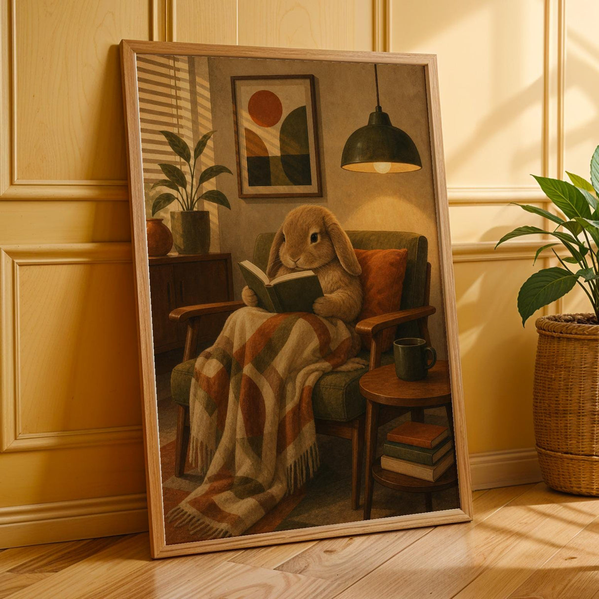 Additional product presentation of Mini Lop Rabbit Reading in Armchair Poster.