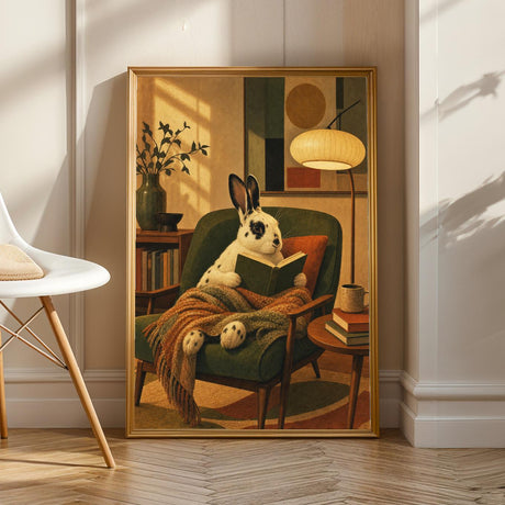 Product view of English Spot Rabbit Reading in Armchair Poster.