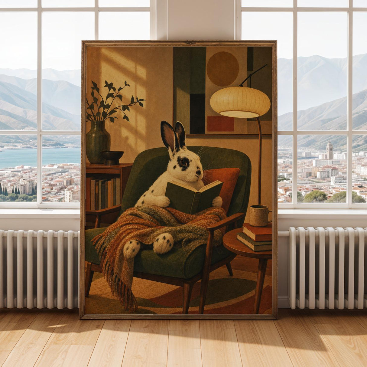 Alternate gallery view of English Spot Rabbit Reading in Armchair Poster.