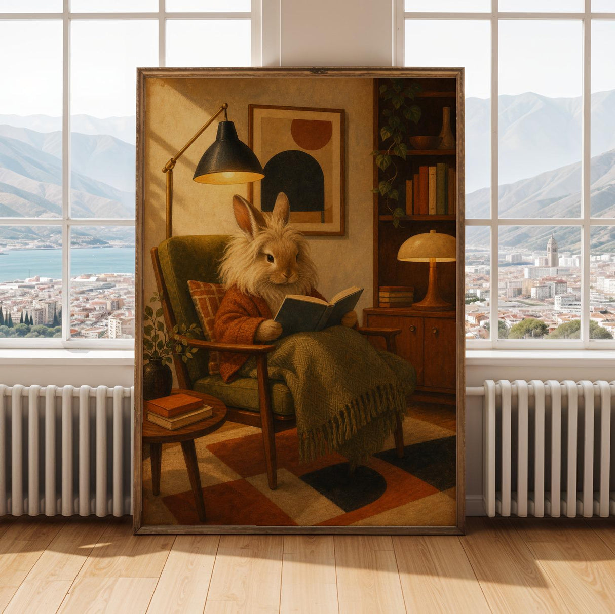 Alternate gallery view of Lionhead Rabbit Reading in Armchair Poster.