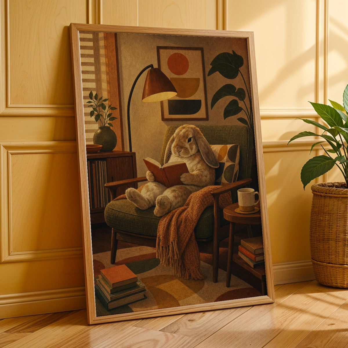 Additional product presentation of French Lop Rabbit Reading in Armchair Poster.