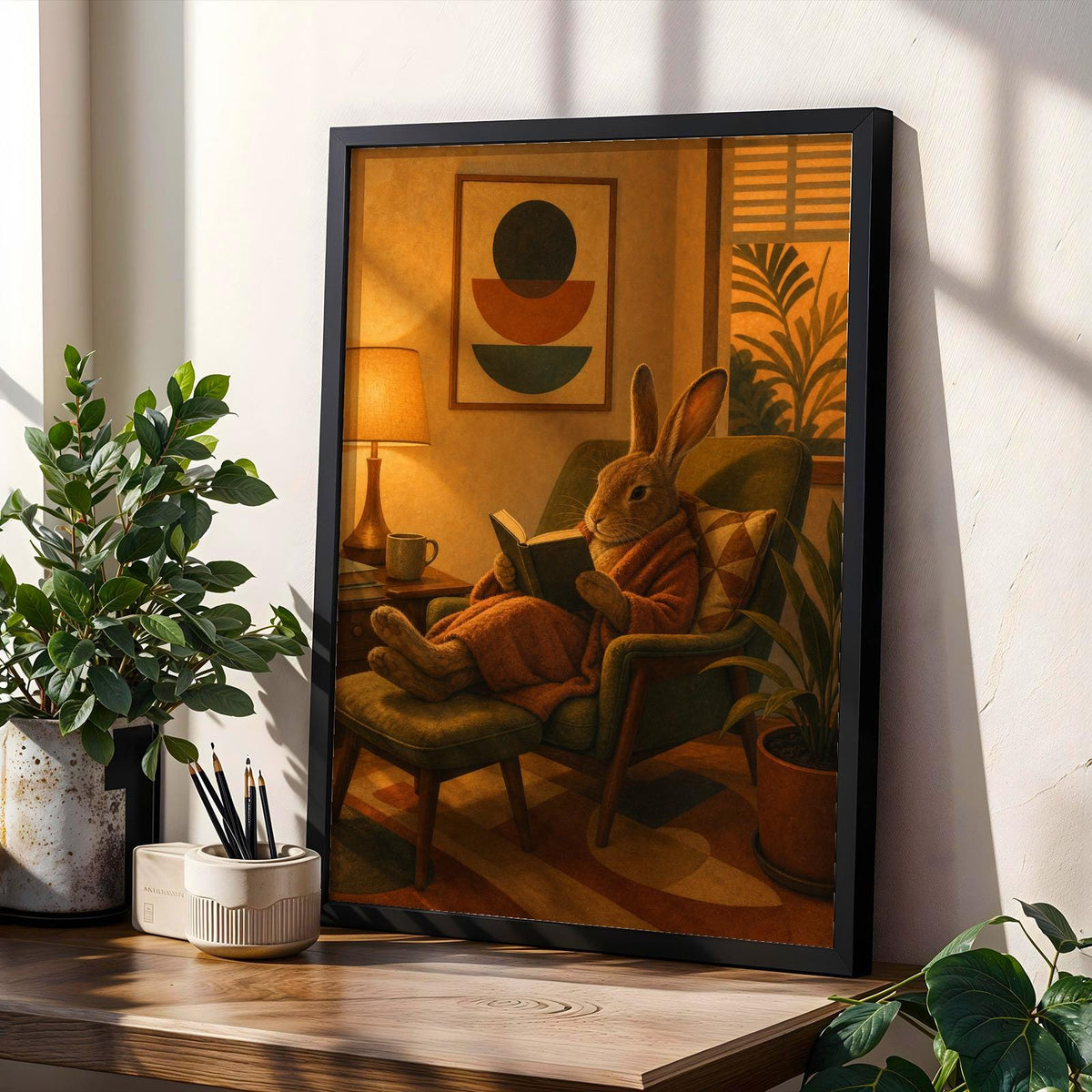 Product gallery view of Havana Rabbit Reading in Armchair Poster.