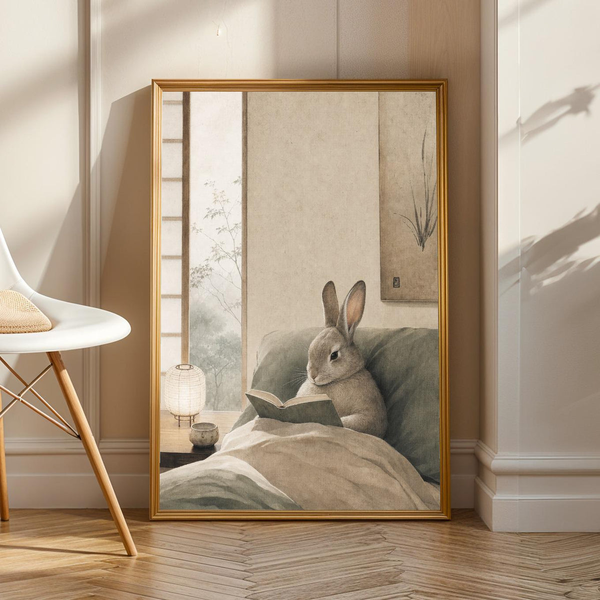 Product view of Californian Rabbit Reading in Bed Poster.