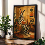 Product gallery view of Checkered Giant Rabbit Reading in Armchair Poster.