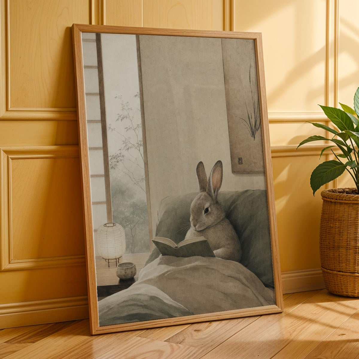 Additional product presentation of Californian Rabbit Reading in Bed Poster.