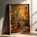 Product presentation view of Checkered Giant Rabbit Reading in Armchair Poster.