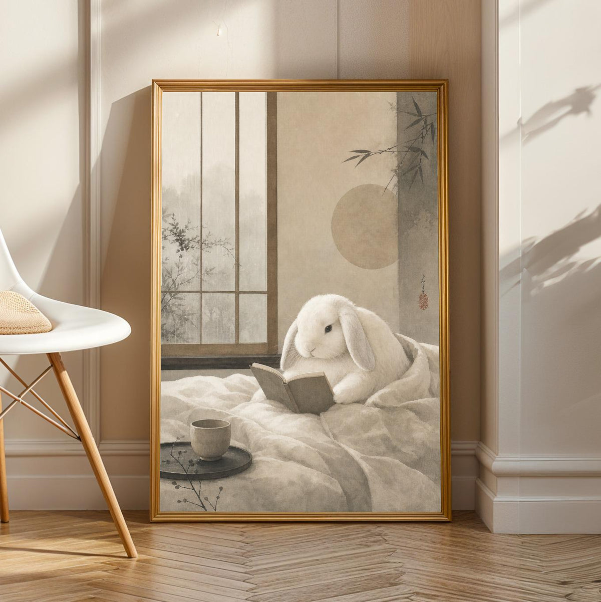 Product view of Holland Lop Rabbit Reading in Bed Poster.