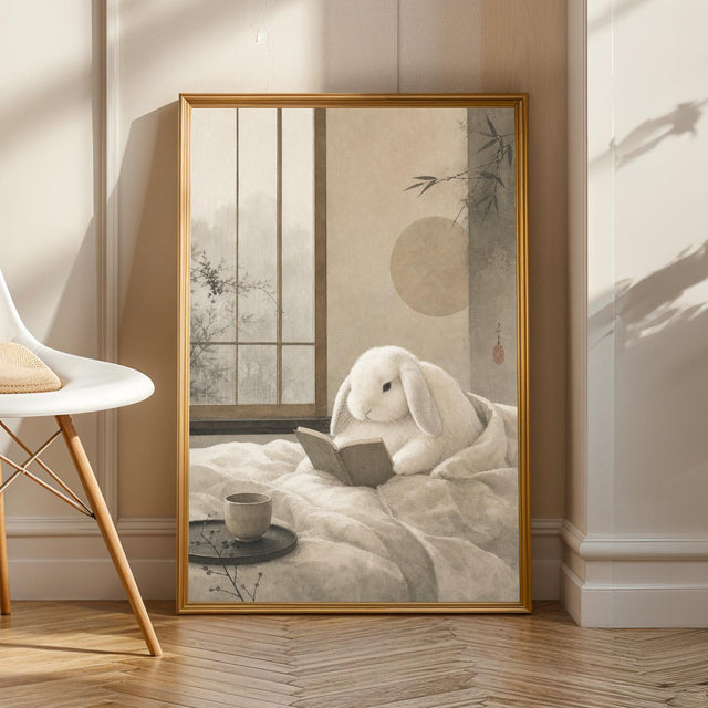 Product view of Holland Lop Rabbit Reading in Bed Poster.