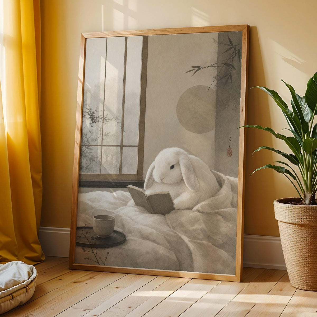 Additional product view of Holland Lop Rabbit Reading in Bed Poster.