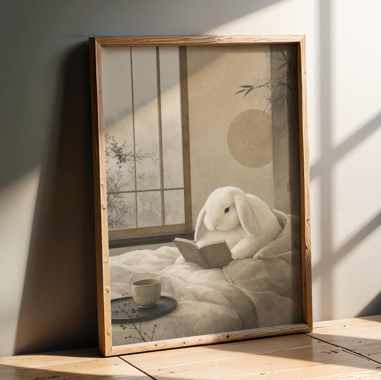 Product presentation view of Holland Lop Rabbit Reading in Bed Poster.