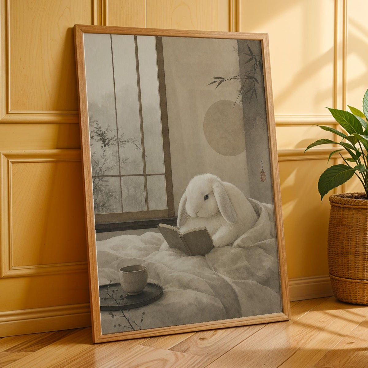 Additional product presentation of Holland Lop Rabbit Reading in Bed Poster.