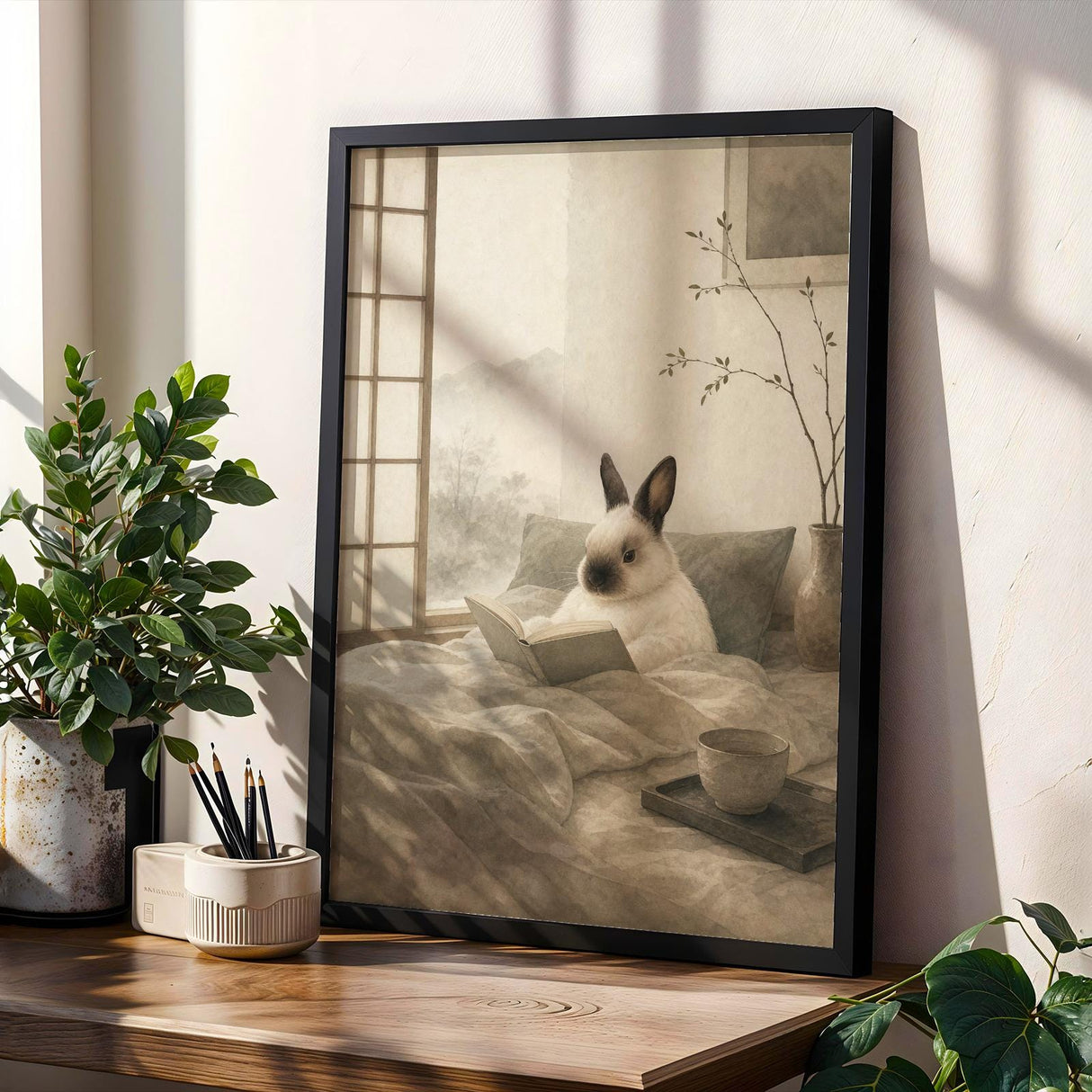 Product gallery view of Himalayan Rabbit Reading in Bed Poster.