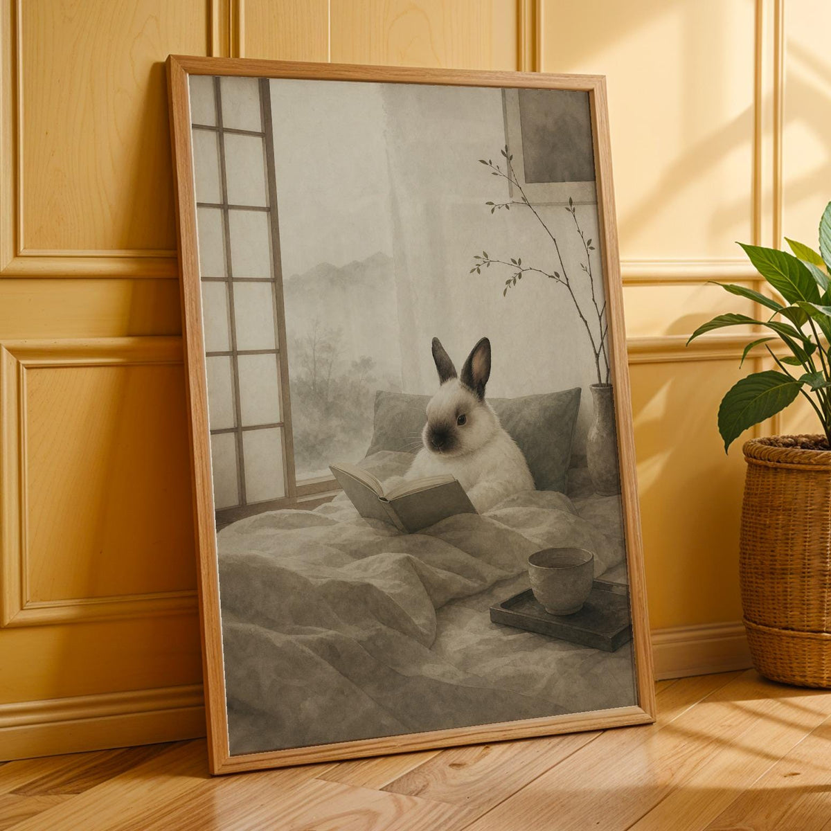 Additional product presentation of Himalayan Rabbit Reading in Bed Poster.