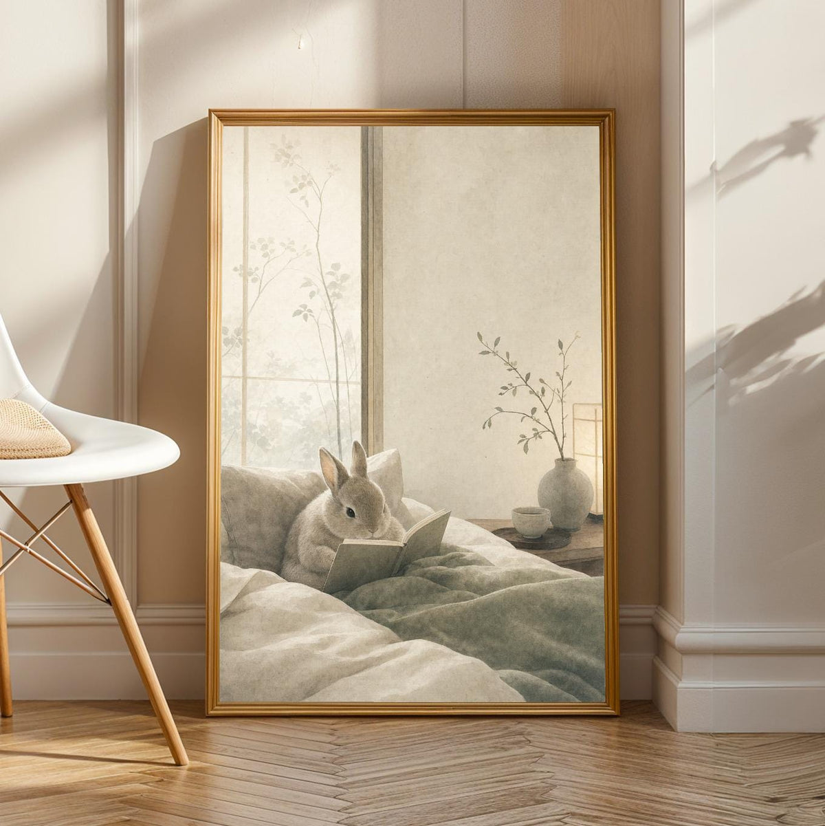 Product view of Netherland Dwarf Rabbit Reading in Bed Poster.