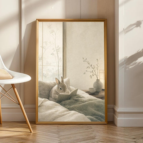 Product view of Netherland Dwarf Rabbit Reading in Bed Poster.