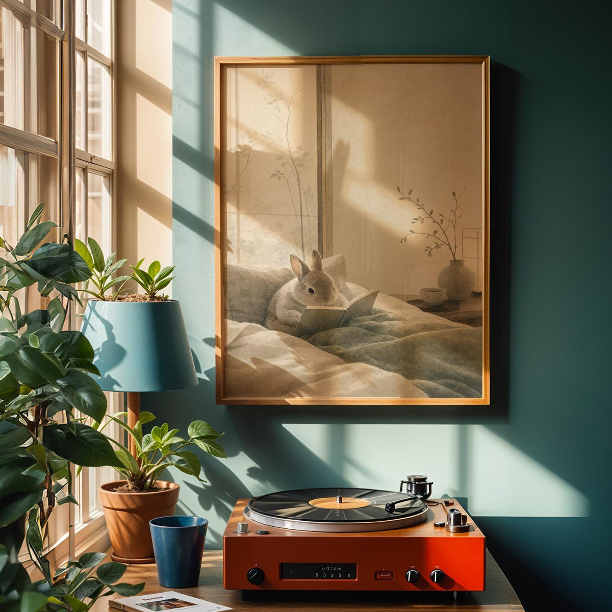 Alternate product view of Netherland Dwarf Rabbit Reading in Bed Poster.