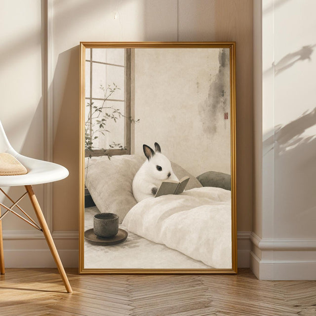 Product view of Dwarf Hotot Rabbit Reading in Bed Poster.