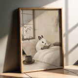 Product presentation view of Dwarf Hotot Rabbit Reading in Bed Poster.