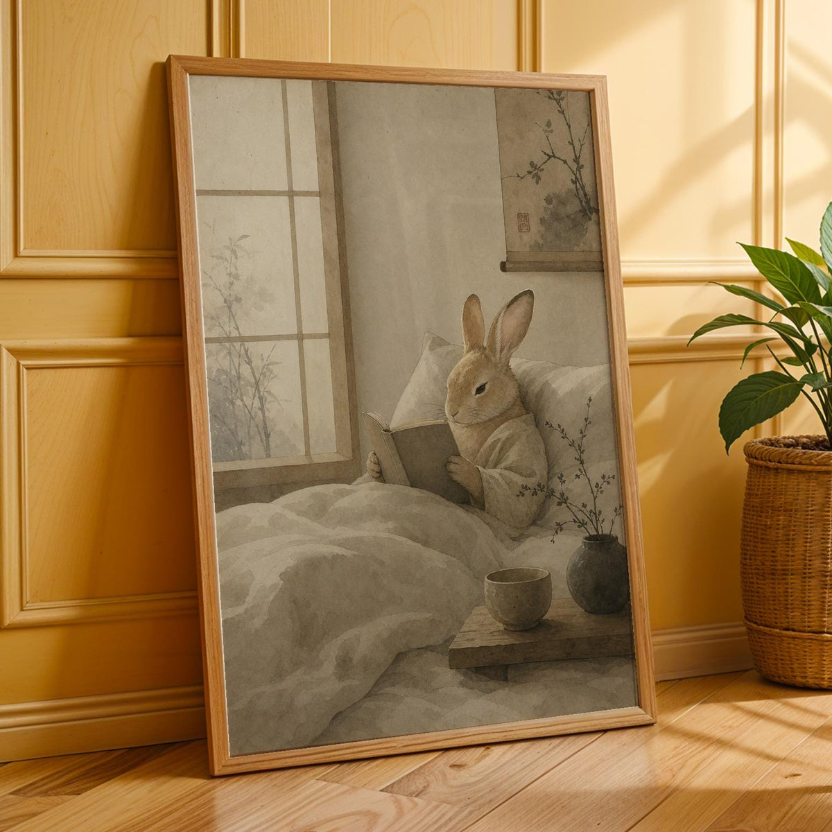 Additional product presentation of Tan Rabbit Reading in Bed Poster.