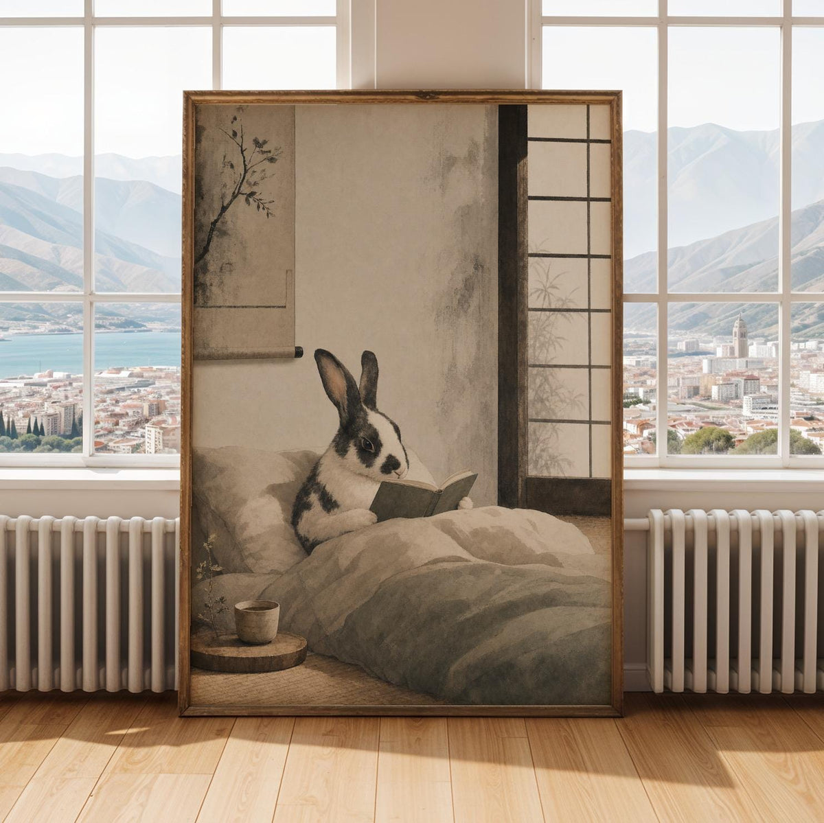 Alternate gallery view of Harlequin Rabbit Reading in Bed Poster.