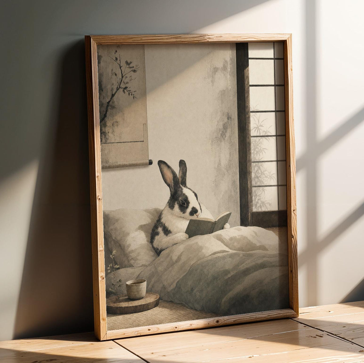 Product presentation view of Harlequin Rabbit Reading in Bed Poster.