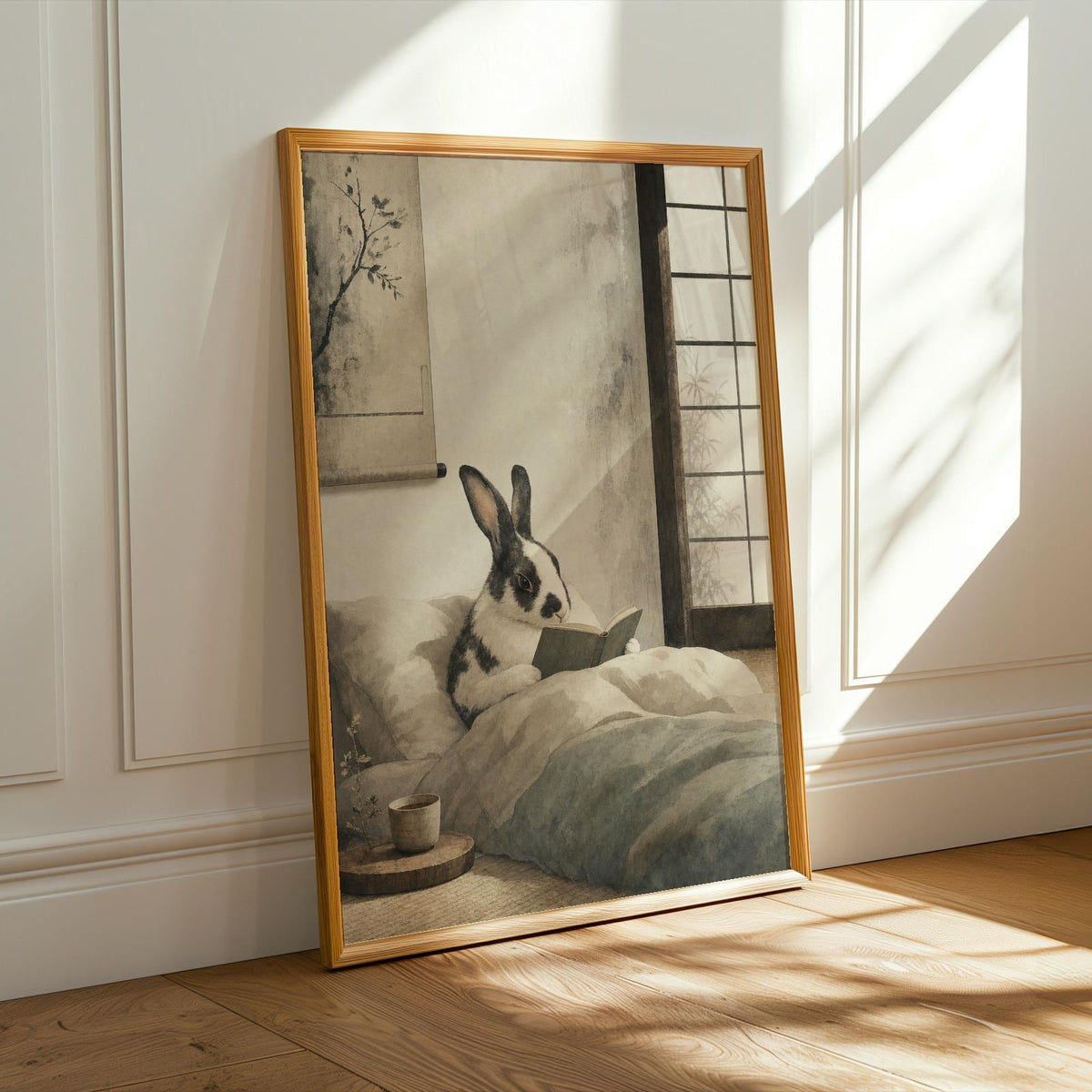 Alternate product presentation of Harlequin Rabbit Reading in Bed Poster.