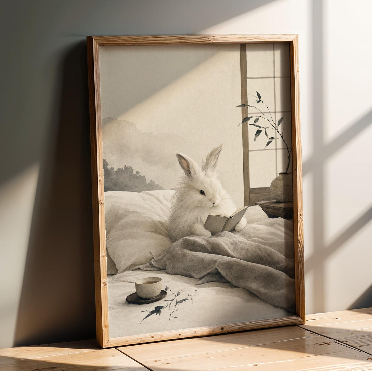 Product presentation view of Angora Rabbit Reading in Bed Poster.