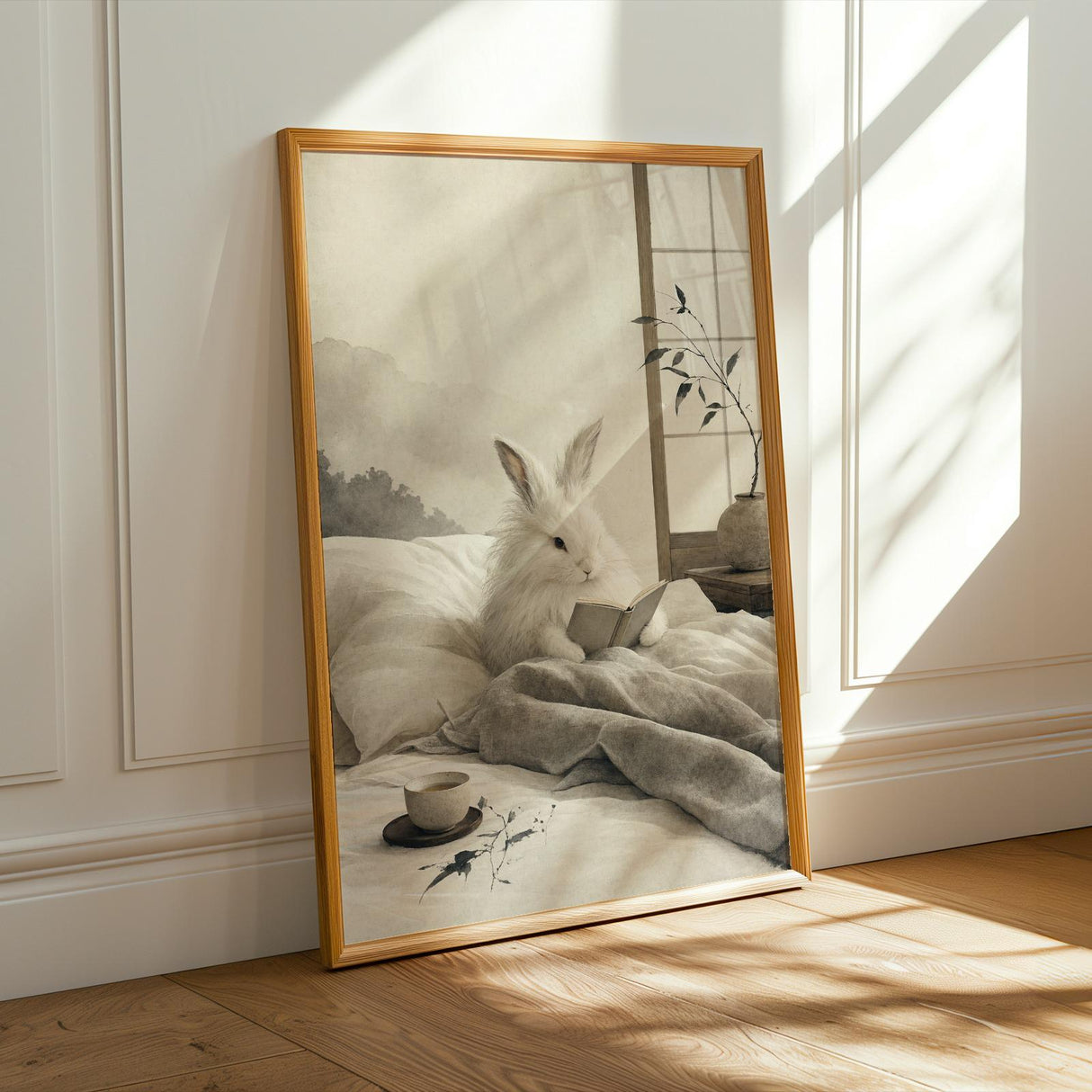 Alternate product presentation of Angora Rabbit Reading in Bed Poster.