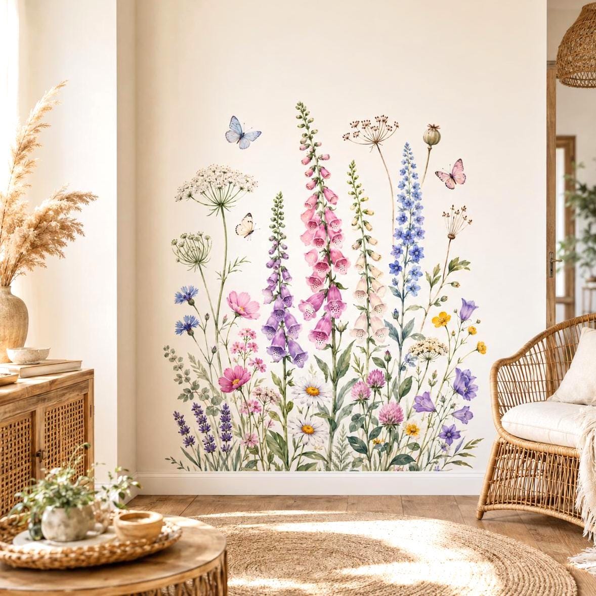 Watercolor wall vinyl decal of a wildflower meadow with pink and purple foxgloves, blue blooms, daisies.