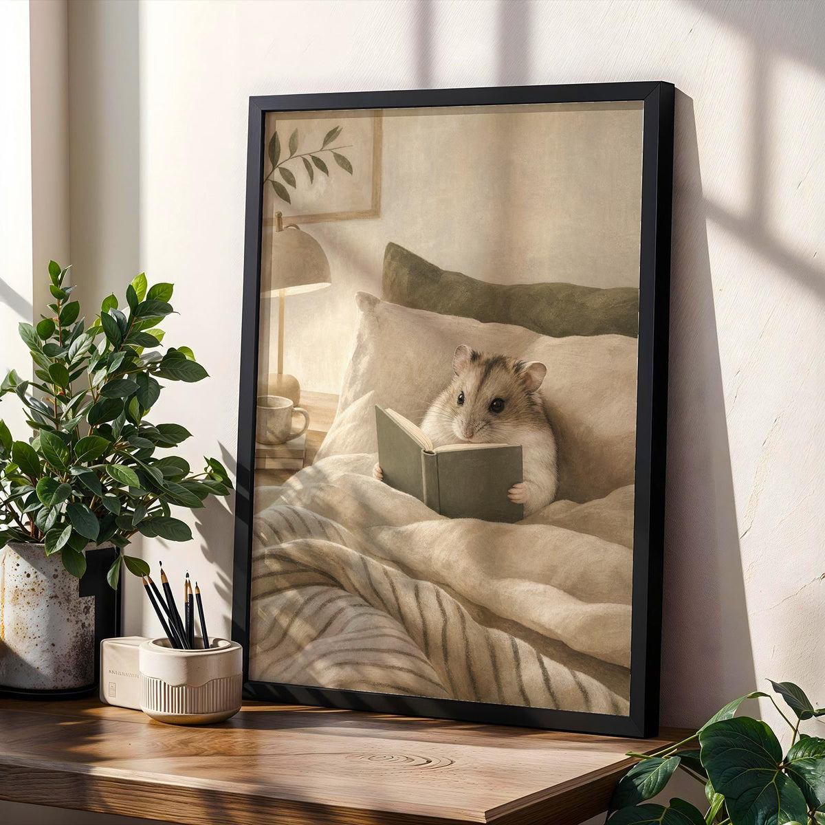 Product gallery view of Russian Dwarf Hamster Reading in Bed Poster.